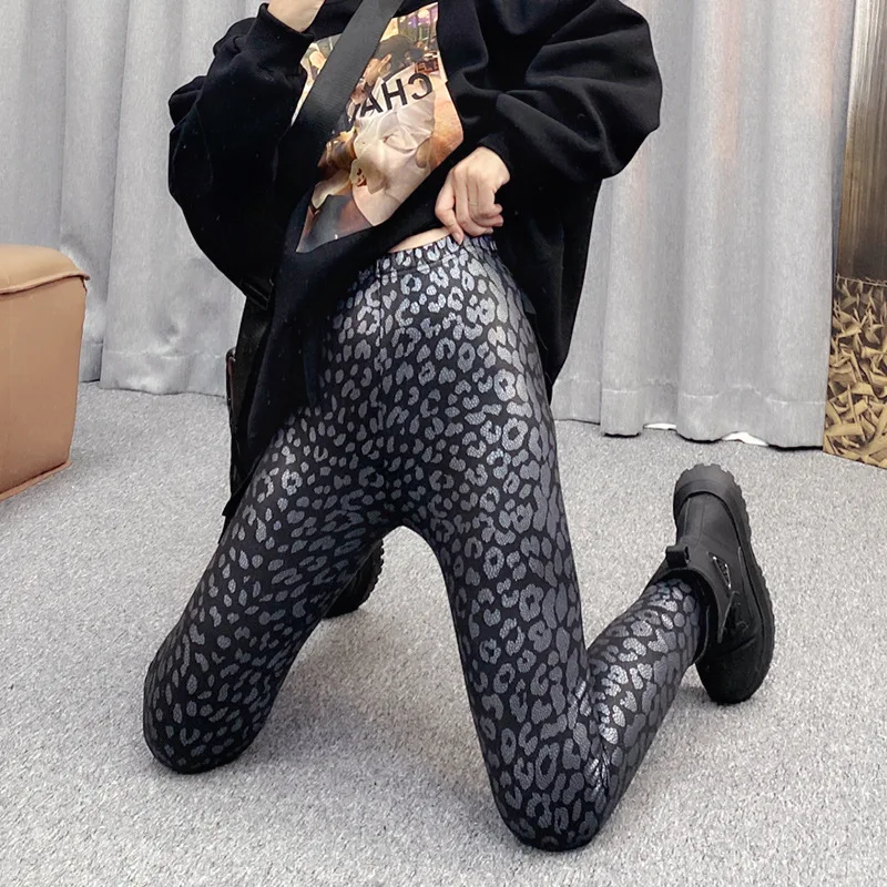 Autumn Winter Black Leopard Women's Skinny Warm Velvet Pants Leggings High Waist Elastic Pencil Trousers