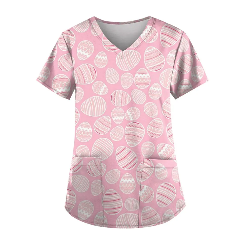 

Eggs 3D Print T-shirt Tops Women's V-Neck With Pocket Medical Uniforms Nursing Short Sleeve T-shirt Work Uniform