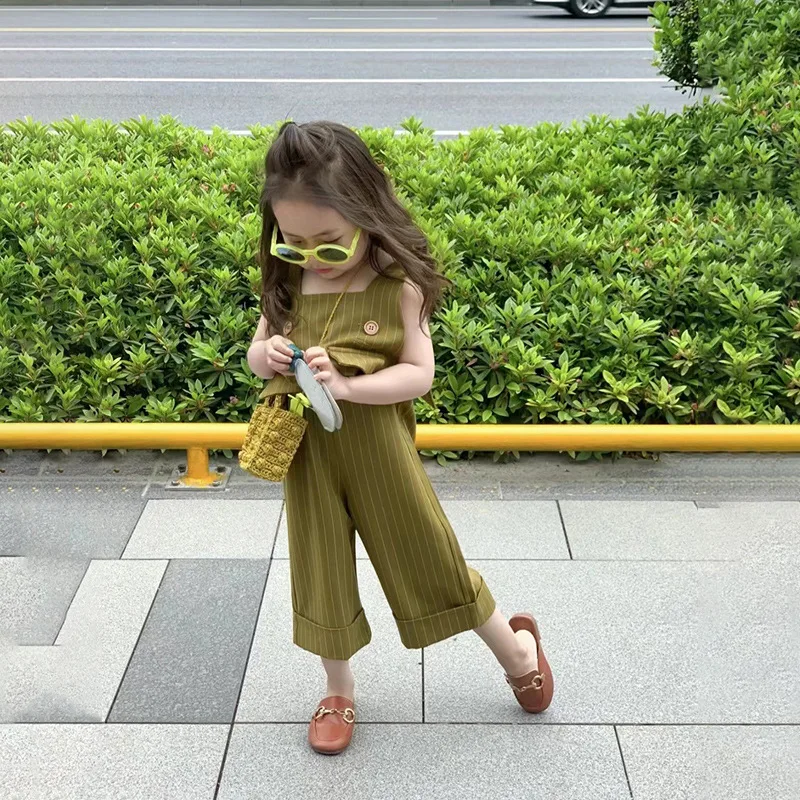 

Toddler Clothing Set Korean Girls Suit Spring Autumn New Style Sleeveless Vest Wide Leg Pants One-piece Suit Girls Pants