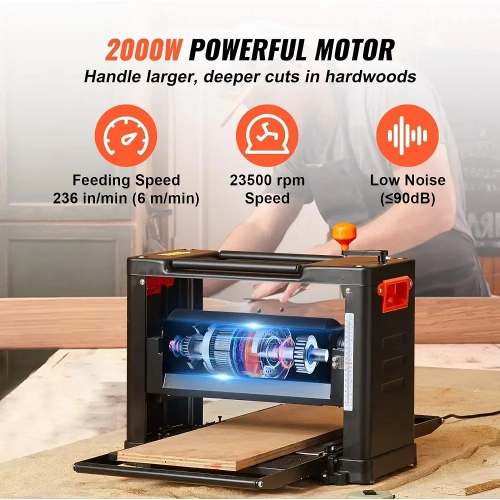 Thickness Planer, Two Speed, 13" Width Worktable Benchtop Planer, Three-Blade, 15-Amp 2000W Powerful Motor,
