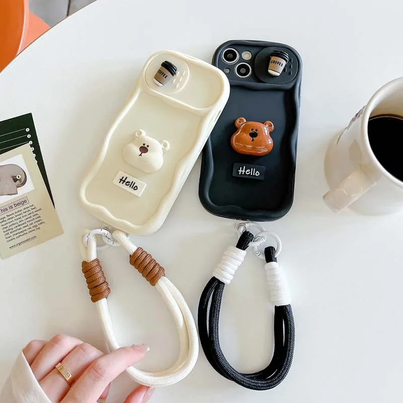 Fashion Coffee Bear Wrist Strap Shockproof Cover for iPhone 15 Pro Max 14 Plus 13 12 11 Pro Max Soft Case for iPhone 14 Pro Max_voghion.com
