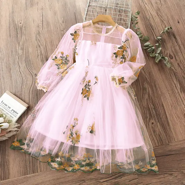 Spring Girls Princess Dress Long Sleeve Children Clothing Floral Sweet Family Party Wear Tulle Baby Girls Dress Vestidos 3-14Y cx-pink