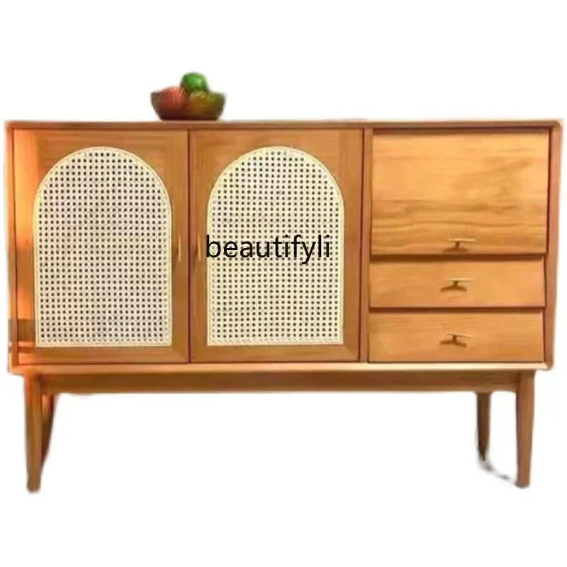 

Nordic Small Mid-Ancient Rattan Sideboard Cabinet Modern Minimalist Storage Solid Wood Tea Cabinet Japanese Style Living Room