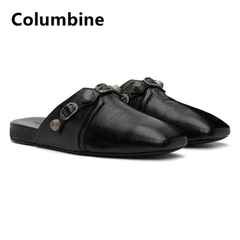 Black Soft Leather Square Toes Half Slippers Metal Button Men Shoes Summer Casual Flat Man Shoes Slip-on Men Comfortable Loafers