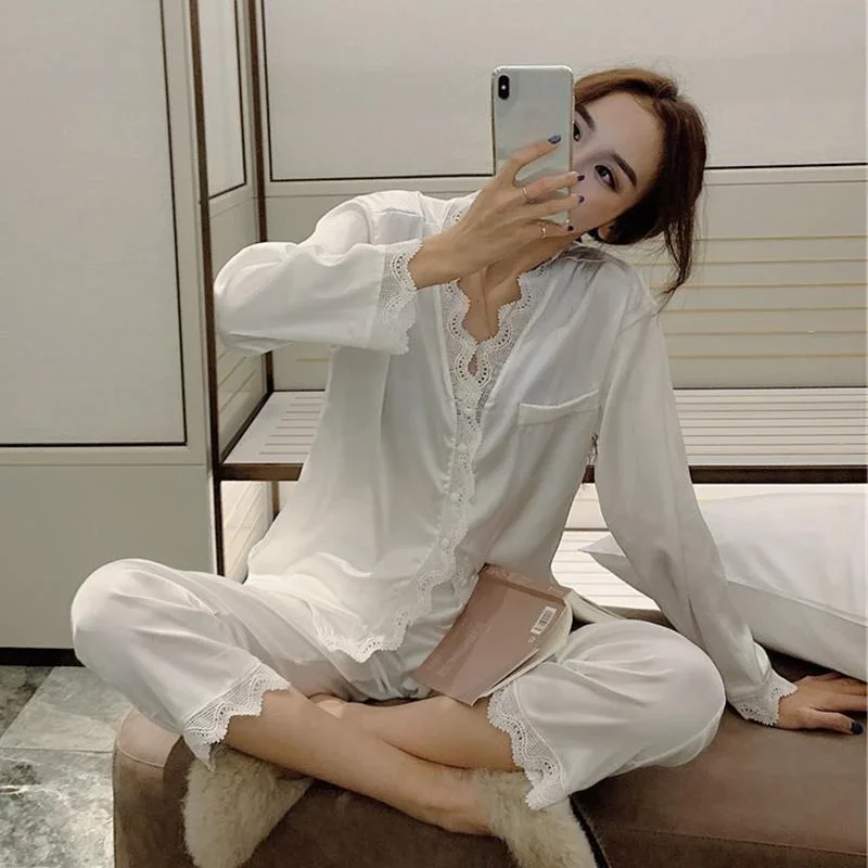 2 Pcs/Set Home Suit Pajamas for Women Sleepwear Female Long Sleeve Trousers Satin Silk Nightwear Suit Pijamas Pajama Set Women