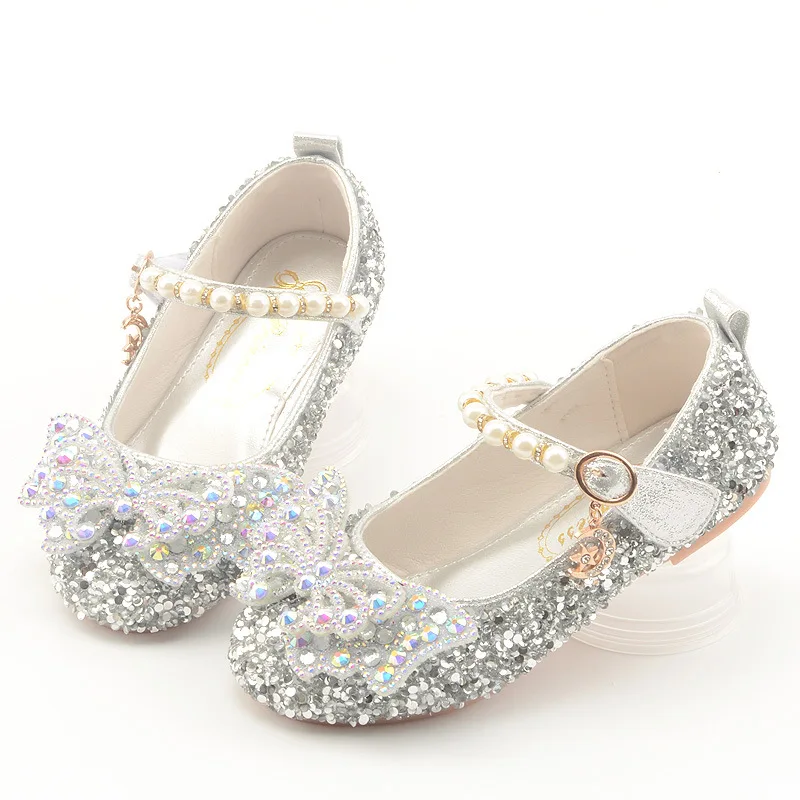 

2023 New Children Princess Shoes Girls Bow Pearl Sequins Single Shoes Kids Korean Fashion Performance Party Dress Leather Shoes
