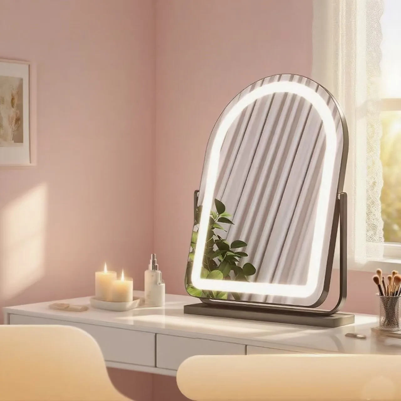 대형 아치형 LED 조명 화장대 거울, 조명이 있는 데스크탑 화장 거울, 가정용 스마트 화장대 거울