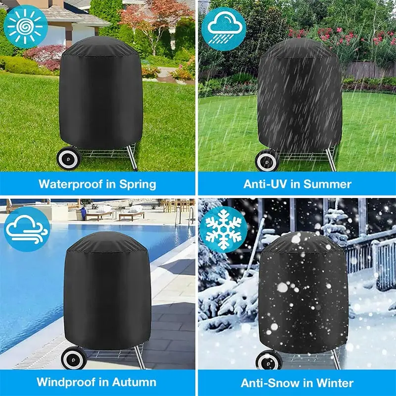 Round Black Outdoor Grill Cover Fire Pit Stove BBQ Covers Waterproof Heavy Duty Garden 210D Cloth Electric BBQ Protection Cover 6