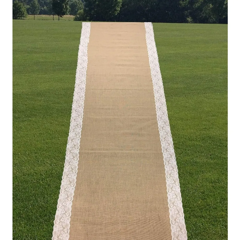 Wedding Aisle Runner 40 Inch with 5 Inches Ivory Lace Rustic Floor Carpet, Weddings Walkway Decorations Natural Jute