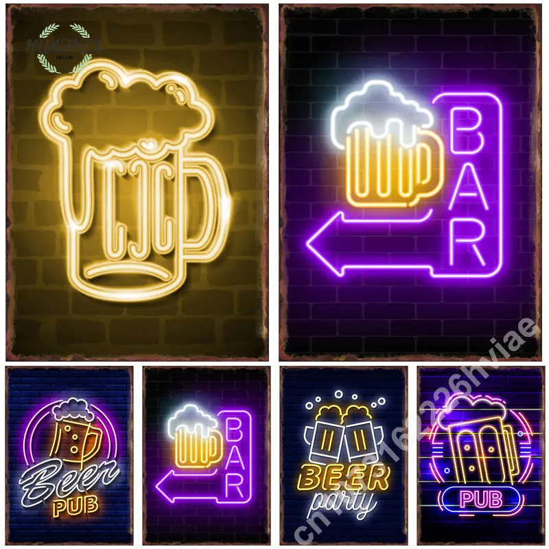 Neon Beer Bar Metal Tin Sign Poster For Pub Happy Hours Party Drinking