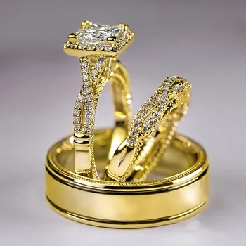 14K Gold Vintage 3-in-1 Promise Ring Set Lab Diamond Engagement Wedding Band Rings for Women Men Party Jewelry 1