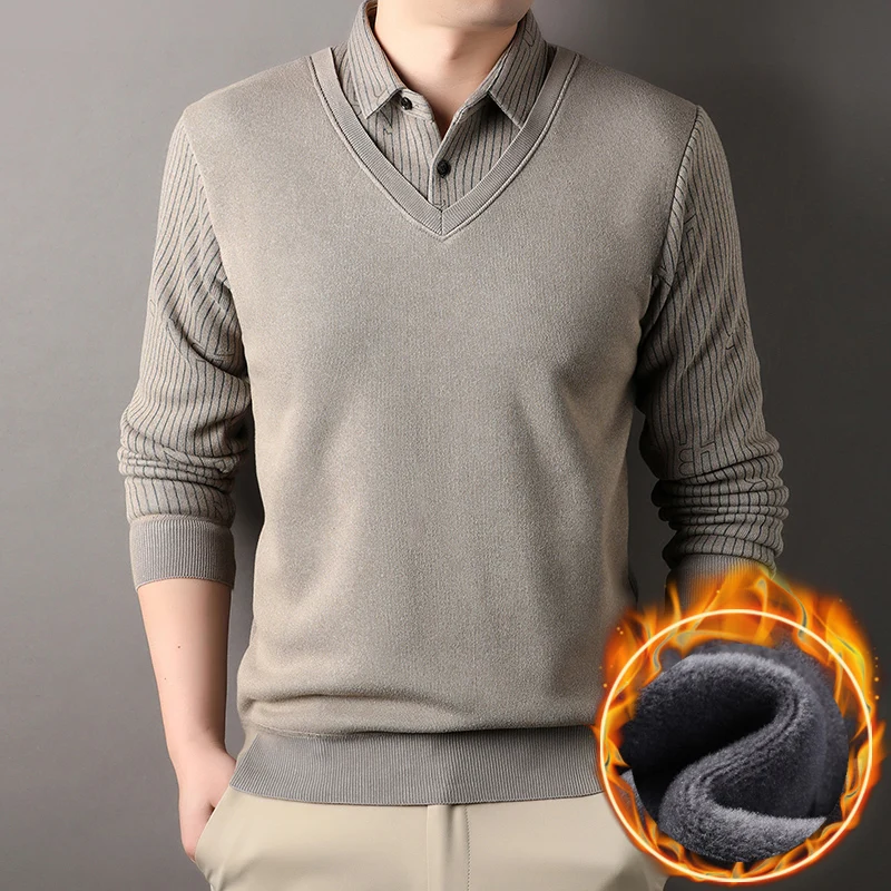 Men's Plaid Sweater Fleece Pullover Slim Fit Fake Two Pieces Knitted Sweaters turtleneck sweater basic sweater jacquard sweater