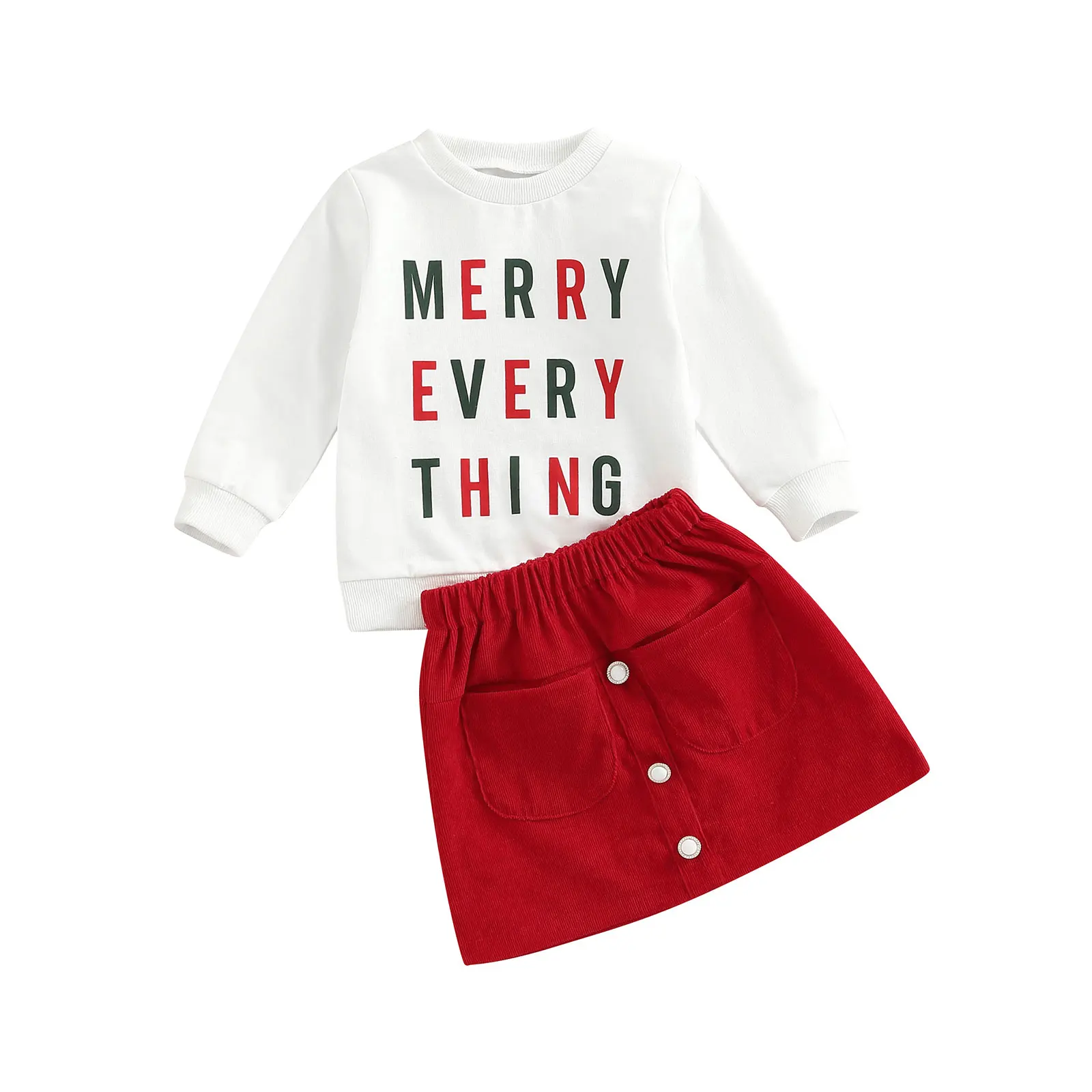 Citgeett Autumn Christmas Kids Toddler Girl Outfit Sets Long Sleeve Letter Print Pullover + Solid Color Button A-line Skirt Xmas