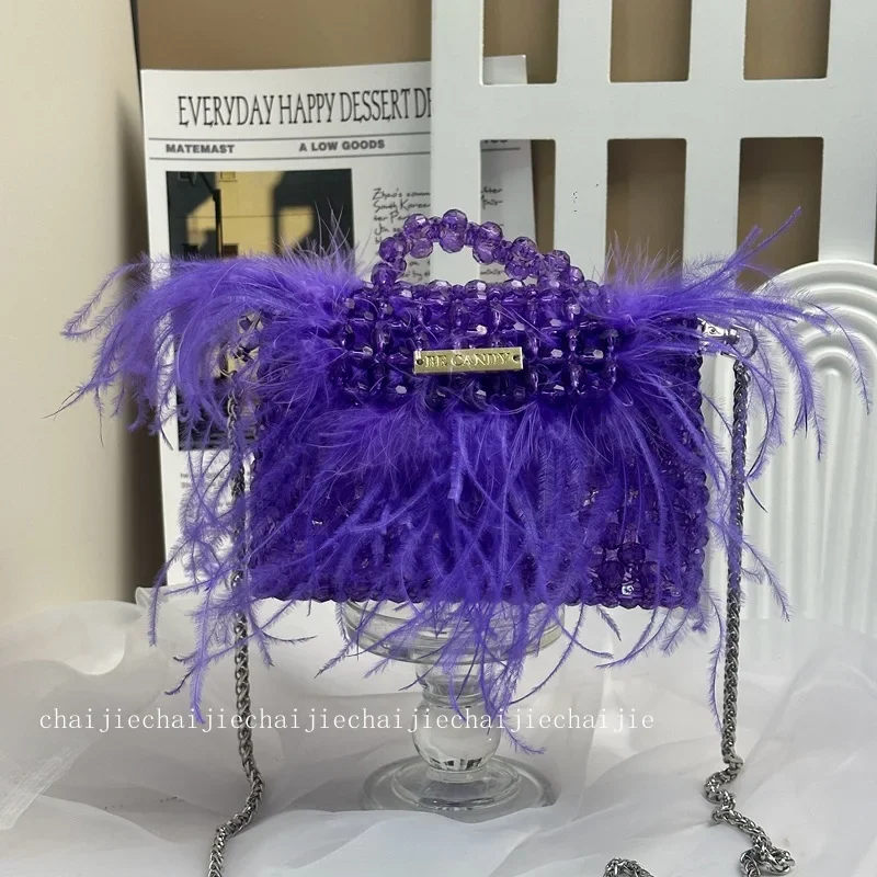 Elegant Fashion Advanced Feather Clutches Evening Bags For Women Acrylic Hand-beaded Handbags Party Silver Chain Shoulder Bag