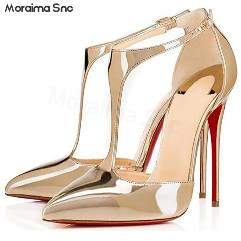 

Golden Patent Leather T-Belt Hollow Pumps Pointed Toe Stiletto Heel Bag Heel High-Heeled Sandals Hollow Fashion Women's Shoes