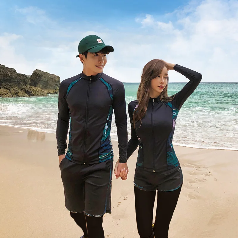 

Couple Swimwear Set Quick Dry Women 5PCS Men 3PCS Long Sleeve Swimsuit UV Sun Protection Rash Guard Zipper Wetsuit Surf Diving