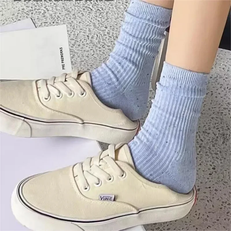 Autumn Winter Vintage Premium Dot Cotton Yarn Warm Thick Ankle Socks Candy Color Korean Soft High Elasticity Pile Up Kawaii Sock