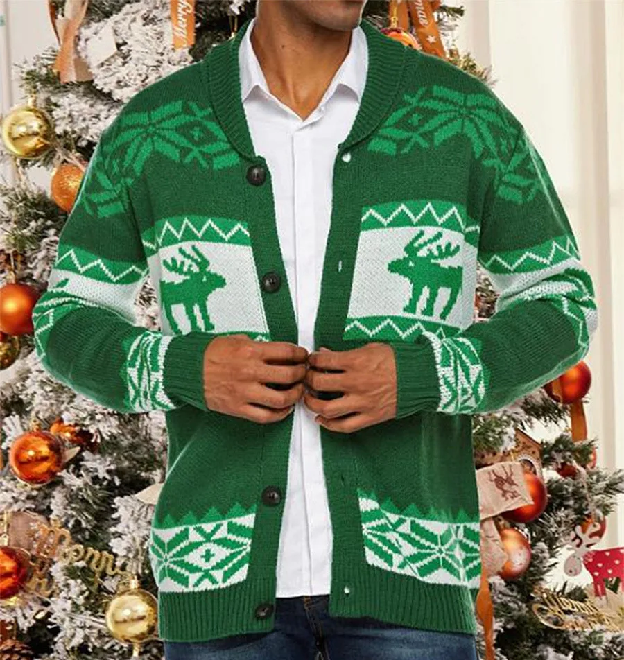 2024 Autumn Winter Men's Christmas Cardigan Xmas Sweaters Jumper Man Reindeer Snowflake Lapel Knitted Sweatercoat Casual Jacket