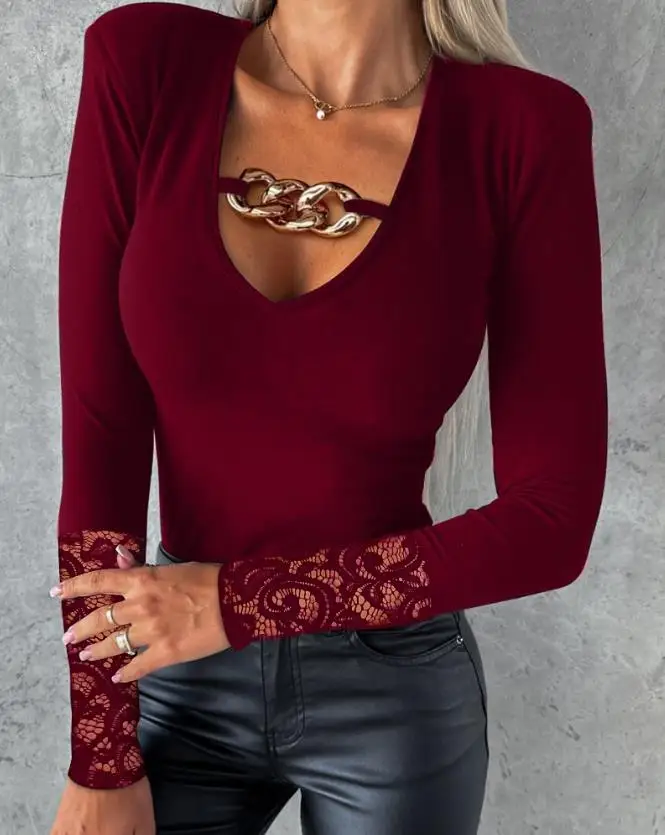 

Fashion Woman Blouse Fall 2023 New Casual Daily Sexy Solid Chain Decor Lace Patch V-Neck Casual Top Y2K Clothing