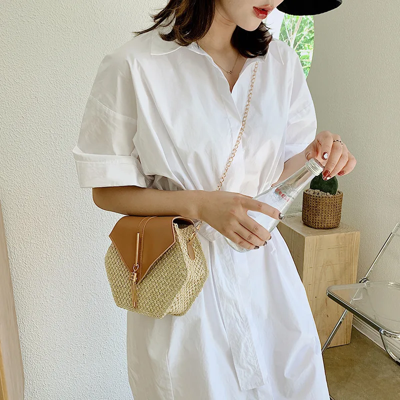 Women Shoulder Bag Hex-shape Mulit Style Straw + leather Handbag Summer Rattan Bag Handmade Woven Beach Circle Bohemia women shoulder bag