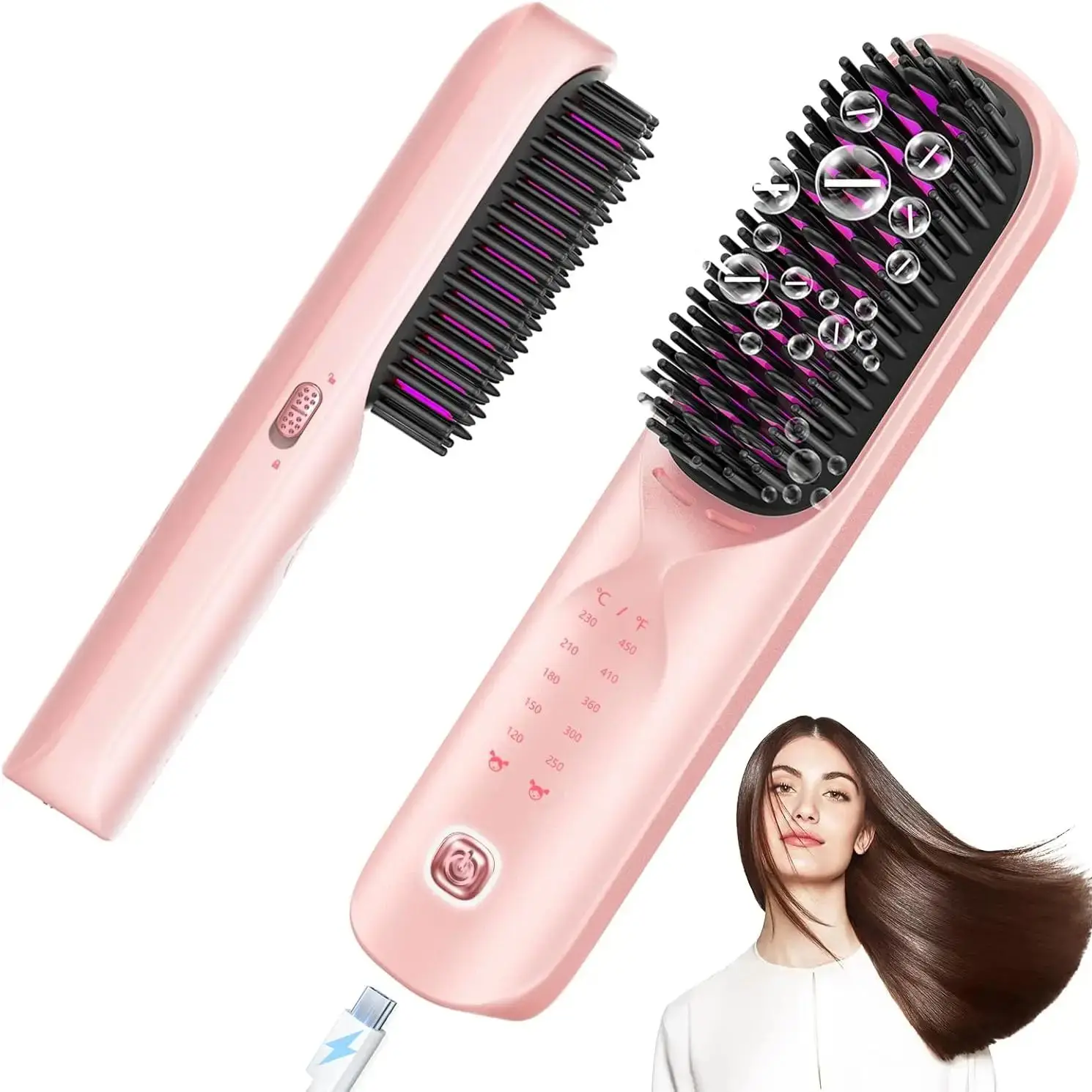 Cordless Hair Straightener Brush 10000mAh Portable for Travel 300M Negative Ions Frizz-Free Shine Fast Heating Gift for Women
