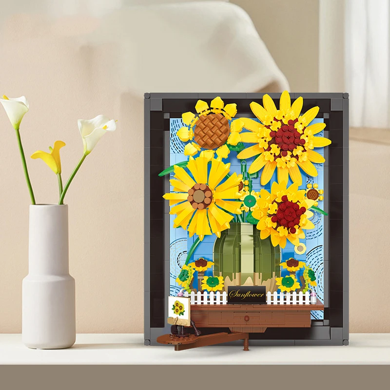 Creative Van Gogh Sunflower Painting Bouquet Building Blocks Sun