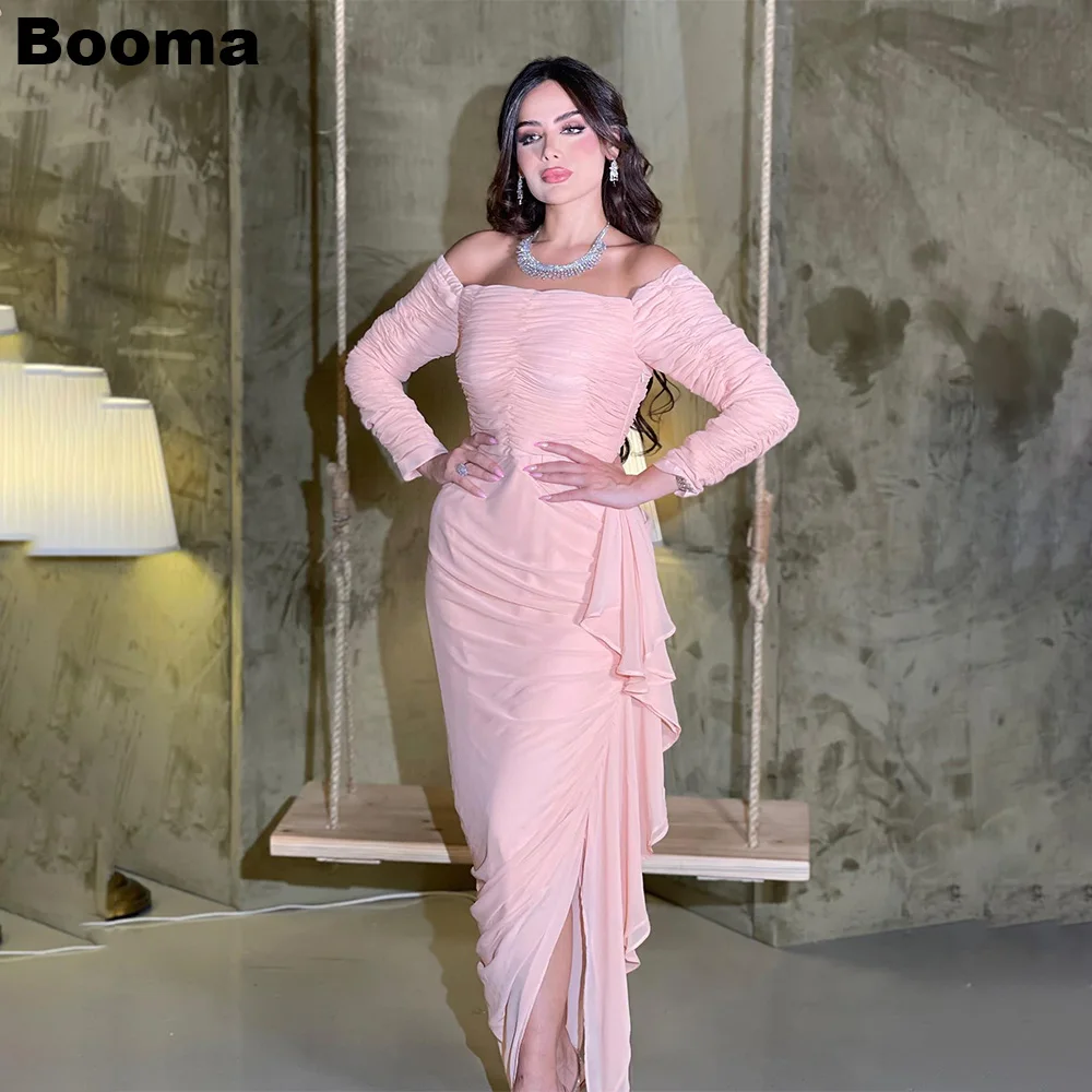 

Booma Pink Chiffon Mermaid Evening Dresses Boat Neck Pleat Ruffles Formal Party Gowns for Women Ankle Length Prom Dresses Dubai
