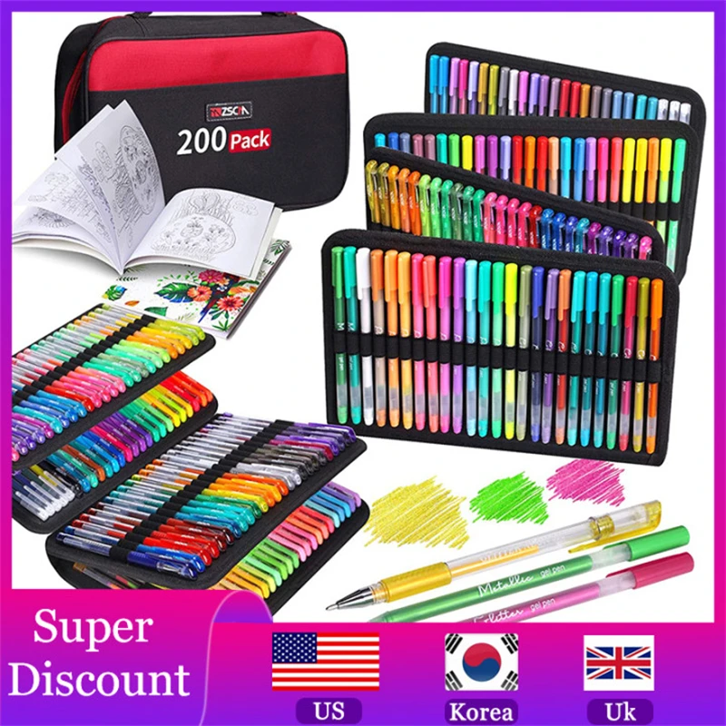 200 Gel Pen Set 100 Color Gel Pens with Refill Fine Tip Glitter Easel Pulitres Gel Puffin with Canvas Bag