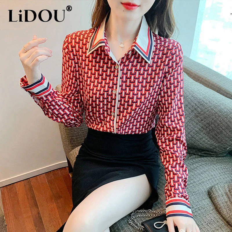 

Spring Autumn Vintage Polo-neck Plaid Printed Long Sleeve Shirt Women's Casual Fashion All-match Blouse Top Female Cardigan Top