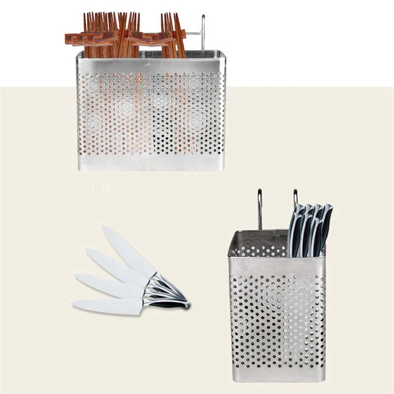 Stainless Steel Chopsticks Holder Hanging Cutlery Drying Basket Tableware Drainer with Hooks Kitchen Utensil(B) 2