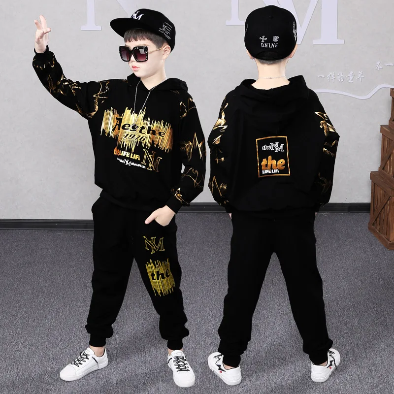 

Boys Girls Spring Tracksuit Children Teens Children Long-Sleeved Black Black Hoodies Harem Pants Sport Two-Piece Outfits