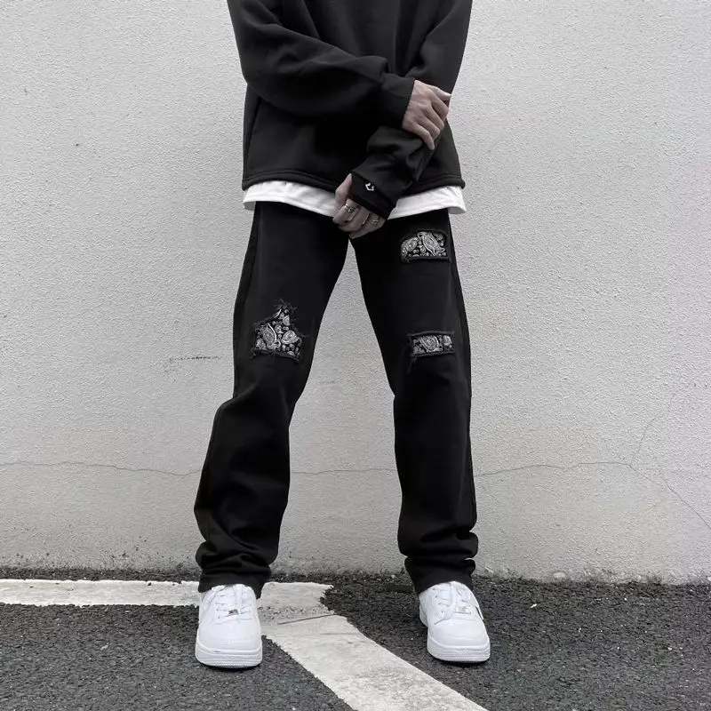 Men's Jeans Graphic Baggy Ripped Man Cowboy Pants Black with Print