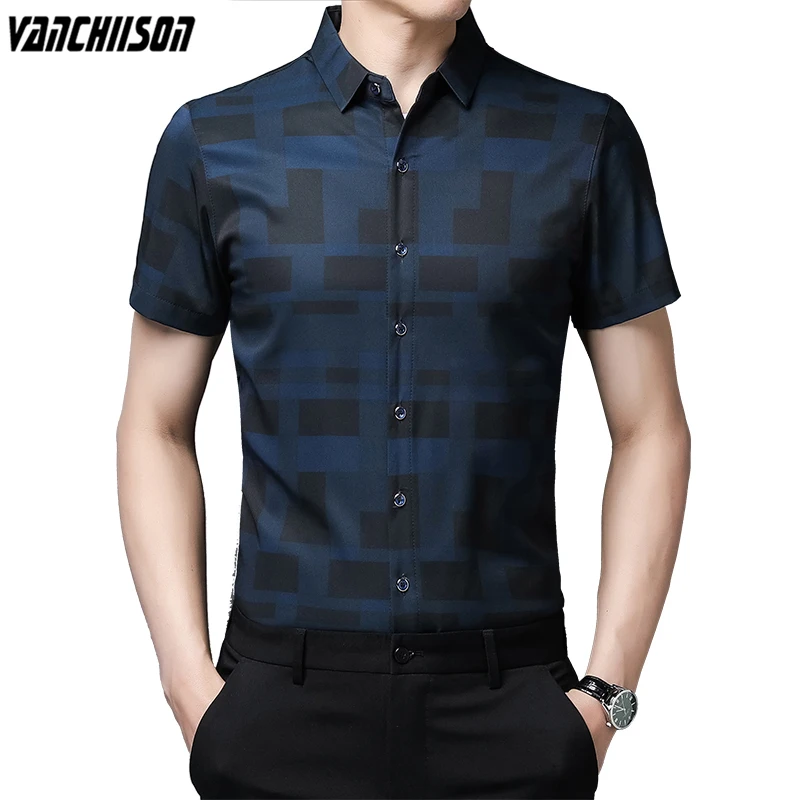 

Men Casual Shirt Tops Short Sleeve for Summer Gradient Plaids Retro Vintage Turndown Collar Male Fashion Clothing 00882