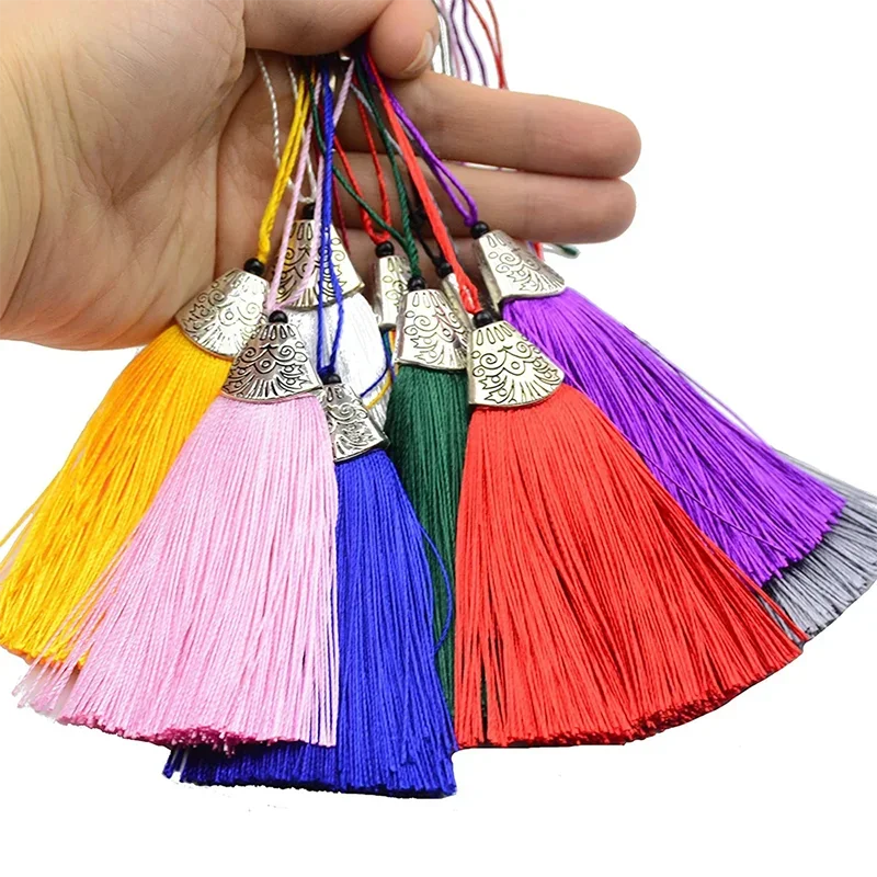 5/10Pcs Polyester Silk Tassel 8cm/3.15in with Antique Silver Cap Tassel DIY Crafts Bookmark Jewelry Making Accessories