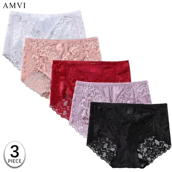 Women's High Waist Lace Shorts, Sexy Breathable Super Stretchy Underwear, Solid Color Fashion Women's Clothing, 3 Pieces