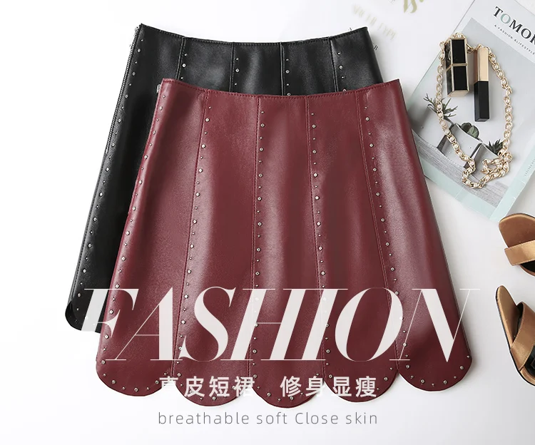 2022 Sheepskin Leather Skirt Women Skirt New Heavy Industry Rivet High Waist A-line Skirt J7 summer skirts