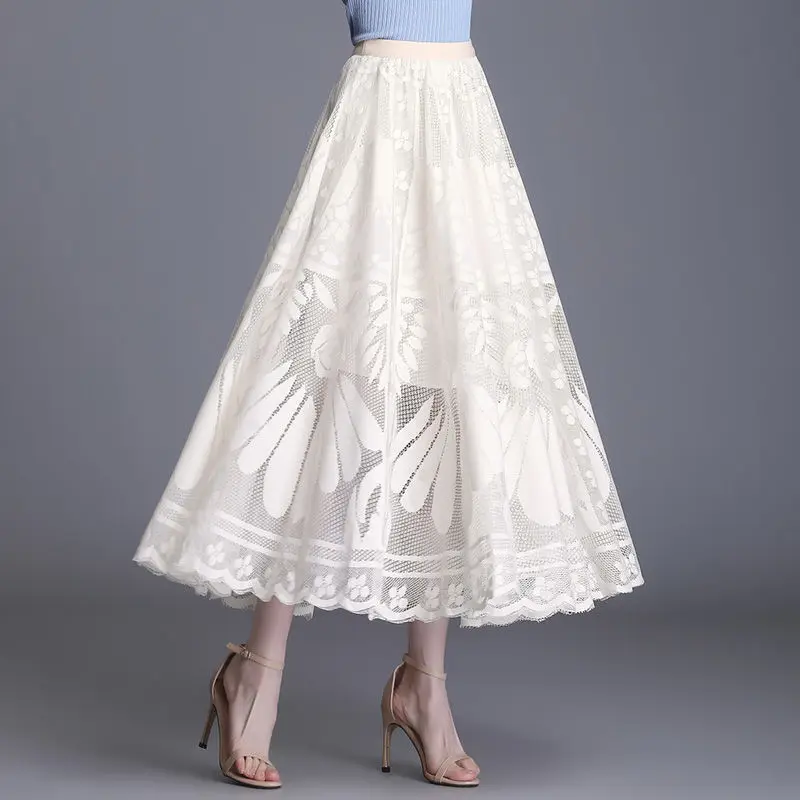 Koreon Fashion Elegant Women Lace Long Skirt Spring Summer Office Lady Elastic High Waist Streetwear Casual Mesh Pleated Skirts korean fashion all match asymmetrical mesh skirt 2023 summer new elegant office lady commute high waist a line voile midi skirts