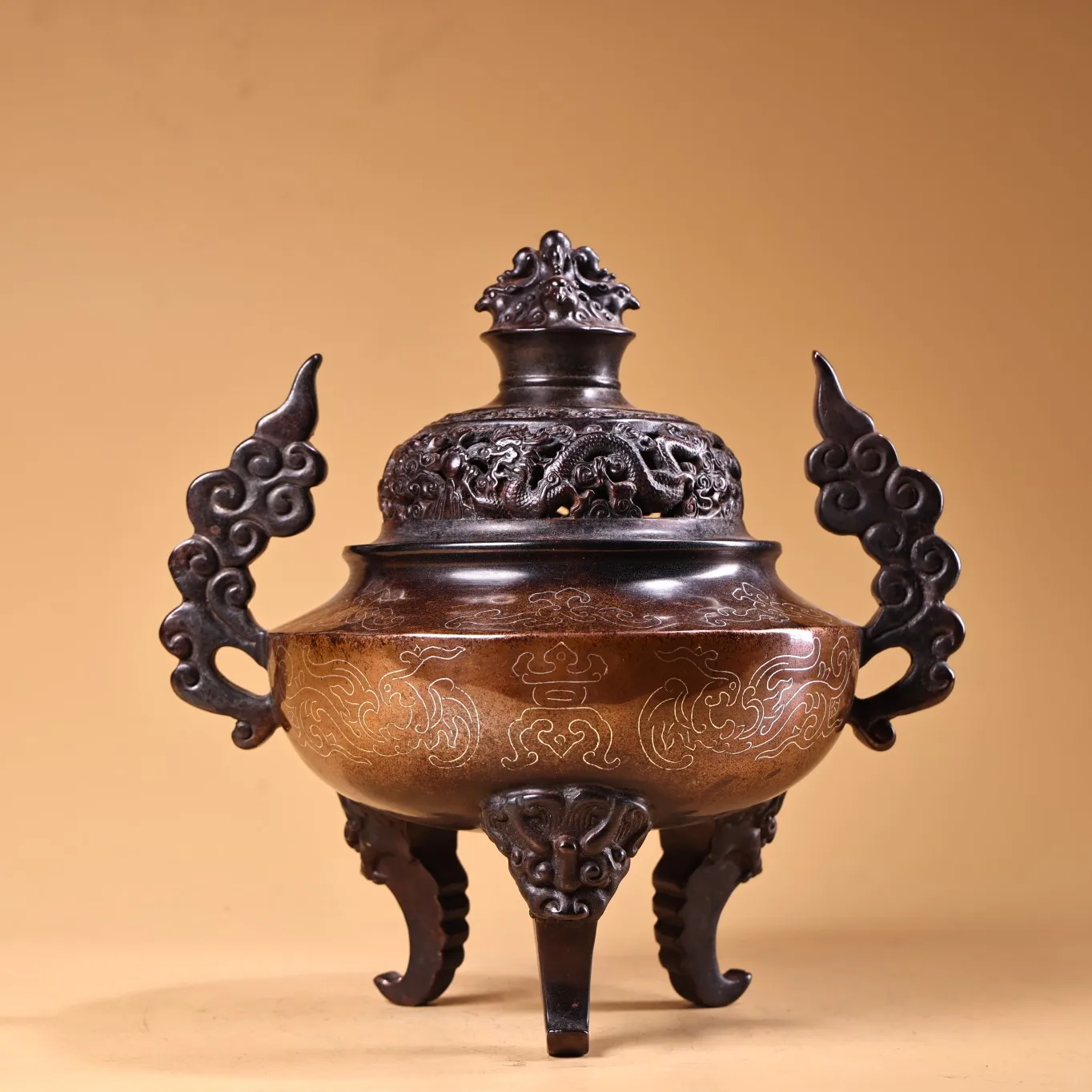 

9"Tibetan Temple Collection Old Purple Bronze Gilded Silver Filigree Dragon Statue Ruyi Ear Incense Burner Town house Exorcism