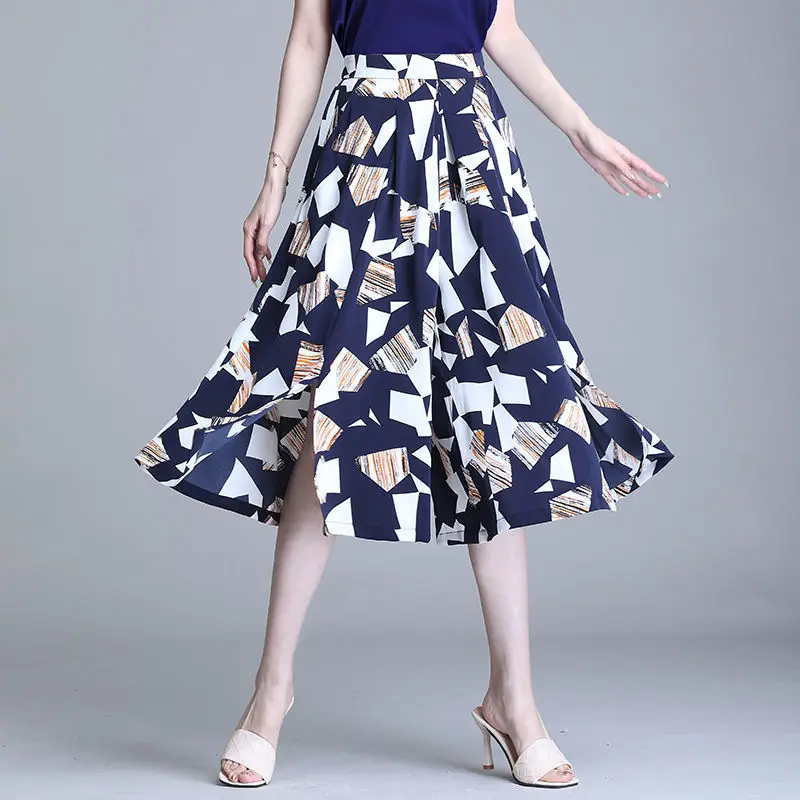 New Large Size Skirts and Pants Women Summer Loose Printing Graffiti Korean High Waisted Cropped Pants Casual Wide Leg Pants
