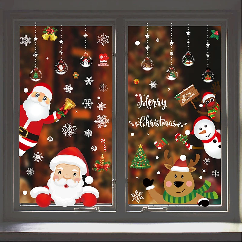 Removable Christmas PVC Static Sticker Santa Elk Window Stickers Beautify Snowflake Wall Decals New Year Party Glass Paste