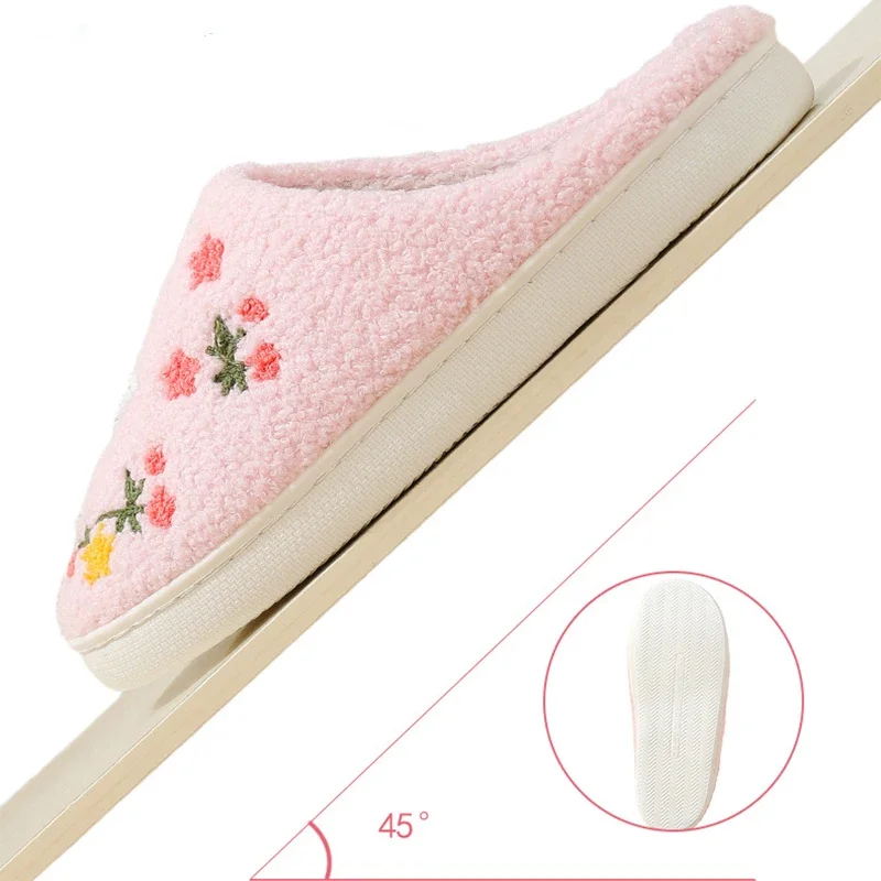 Floral Embroidery Cotton Slippers Women Fashion Flat Heel Round Toe Cotton Slippers Woman Soft Soles Non Slip Home Slides Ladies
