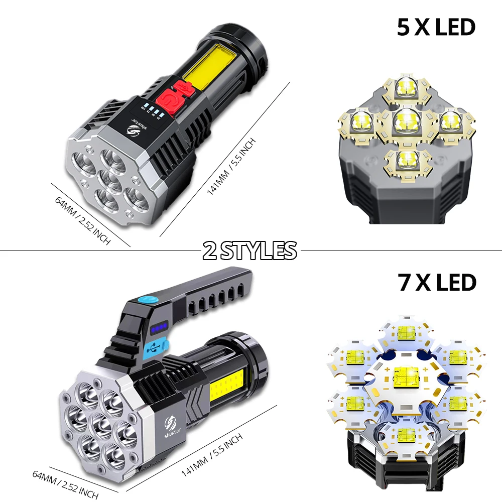 High Power Led Flashlights Cob Side Light Lightweight Outdoor Lighting ABS Material Torch 7LED Rechargeable Flashlight