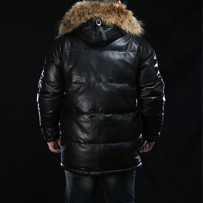 Winter High quality sheepskin Europe USA Plus Size Hooded Derma Real Leather Down Jackets Men's Fur Collar Outdoor Sports Coat