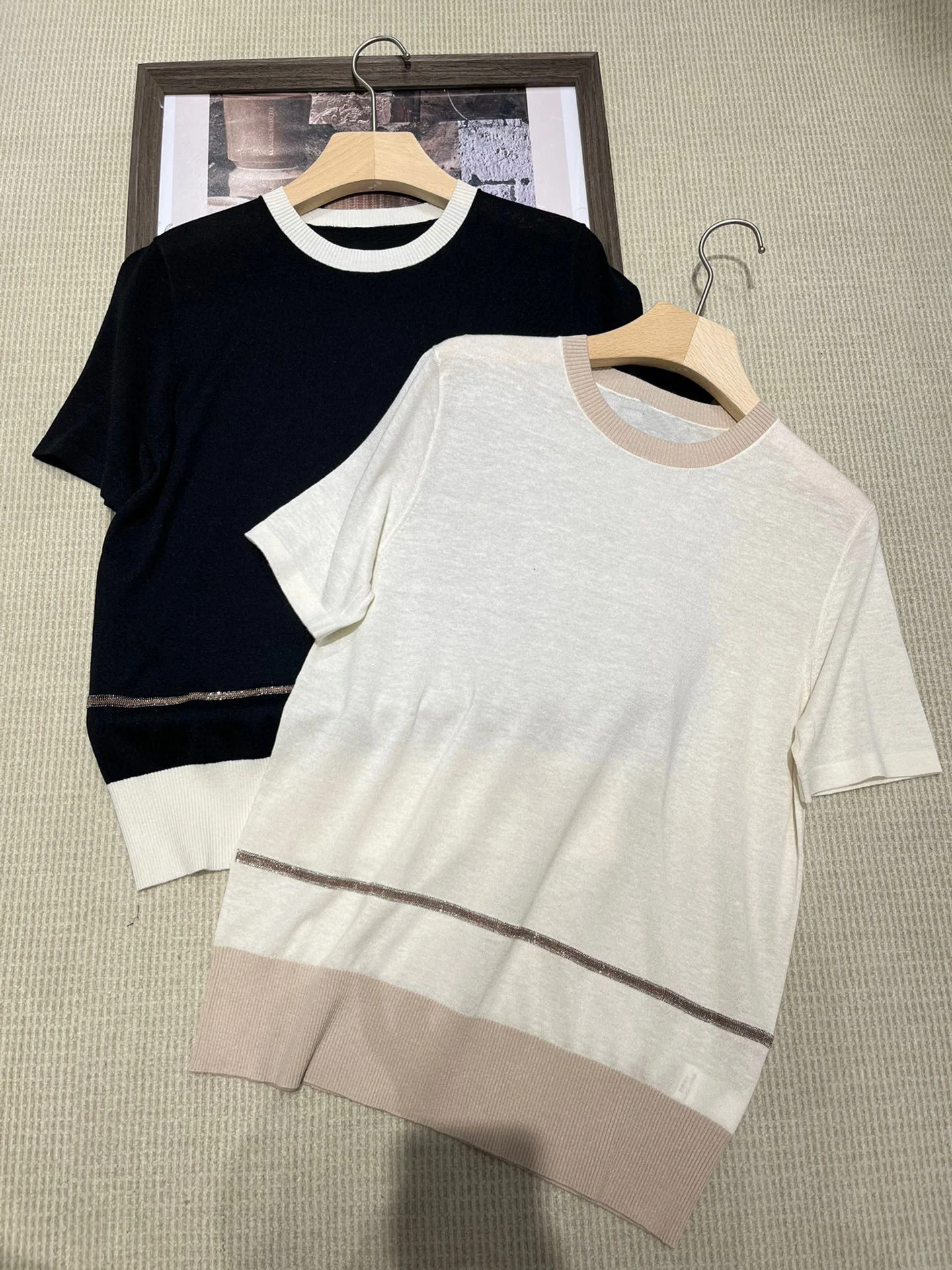 

Linen silk casual style loose beaded O-neck blouse