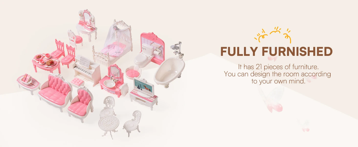 ROBUD Puppenhaus-Spielset aus Holz, 3 Geschichten, 5 Räume, 24 Stück, Möbel, Rollenspiel, Spielzeug, Geschenk für Kinder, Kleinkinder, Mädchen – Detail 9