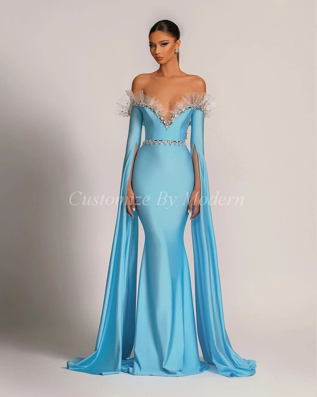 

Mermaid Long Sleeves Evening Dresses Light Blue Satin Sweetheart Beadings Floor Length Saudi Arabia Women Evening Party Dress