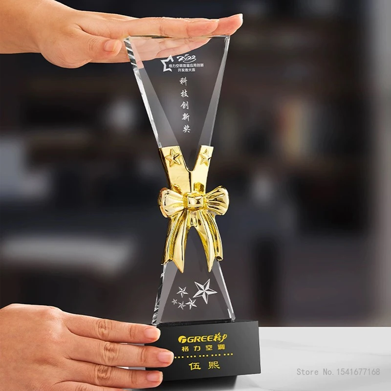 

Customized High-end Bow Crystal Trophy, Creative Metal Insert Honorary Medal, Annual Meeting Award Free Engraving Home Decor 1Pc