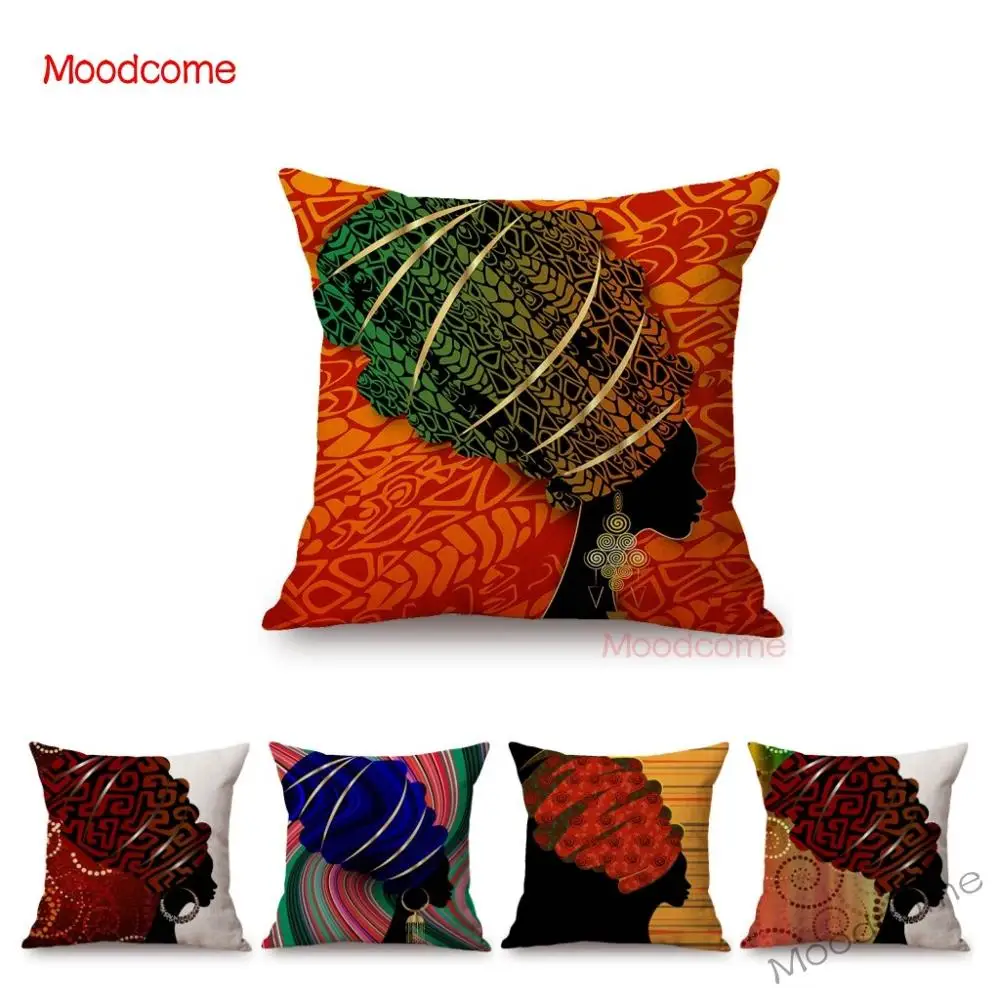 

African Woman With Headwrap Scarf Abstract Black Women Home Decorative Sofa Throw Pillow Case Soft Cotton Linen Cushion Cover
