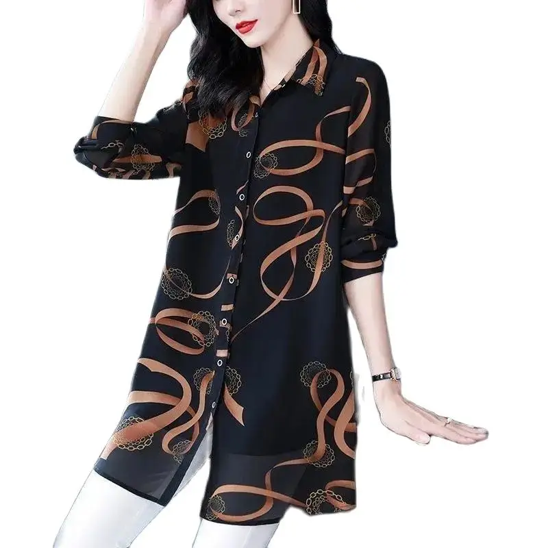 

Mom Summer 2023 New Ladies Coat Mid-Length Long Sleeved Shirt Chiffon Shirt High-Grade Loose Single-Breasted Slim Women Shirt