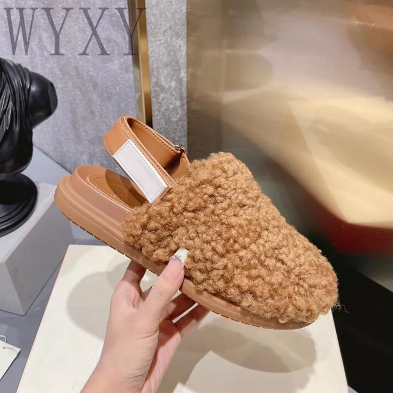 

Spring Autumn New Round Toe Curly Wool Ladies Sandals Open Toe Slingback Flat Casual Fashion Comfortable Warm Sandals Women 2023